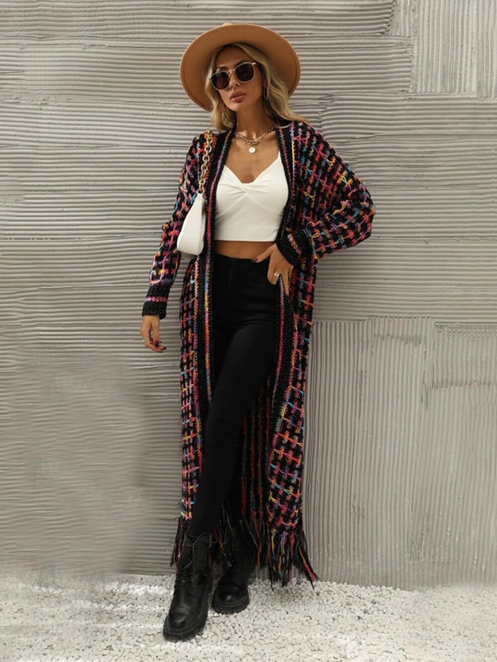Womens Boho Cardigan Sweater Open Front Fringed Tassels Aztec Maxi Cardigan - Picture 4 of 8